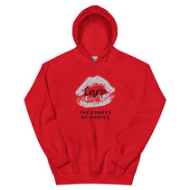Red hoodie with donkey graphic: "THE DONKEY OF CHOICE"