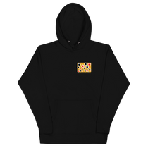 Black unisex hoodie with hood and kangaroo pocket, colorful rectangular front graphic