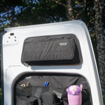 Dark fabric upper rear door storage panels with zippers installed on van doors (pair)