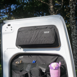 Dark fabric upper rear door storage panels with zippers installed on van doors (pair)