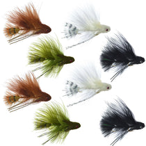 Assorted articulated streamer flies with brown, white, green, and black heads