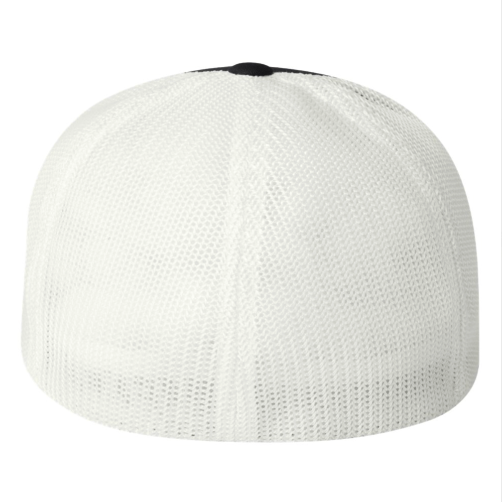 White mesh flex-fit cap top with black crown button
