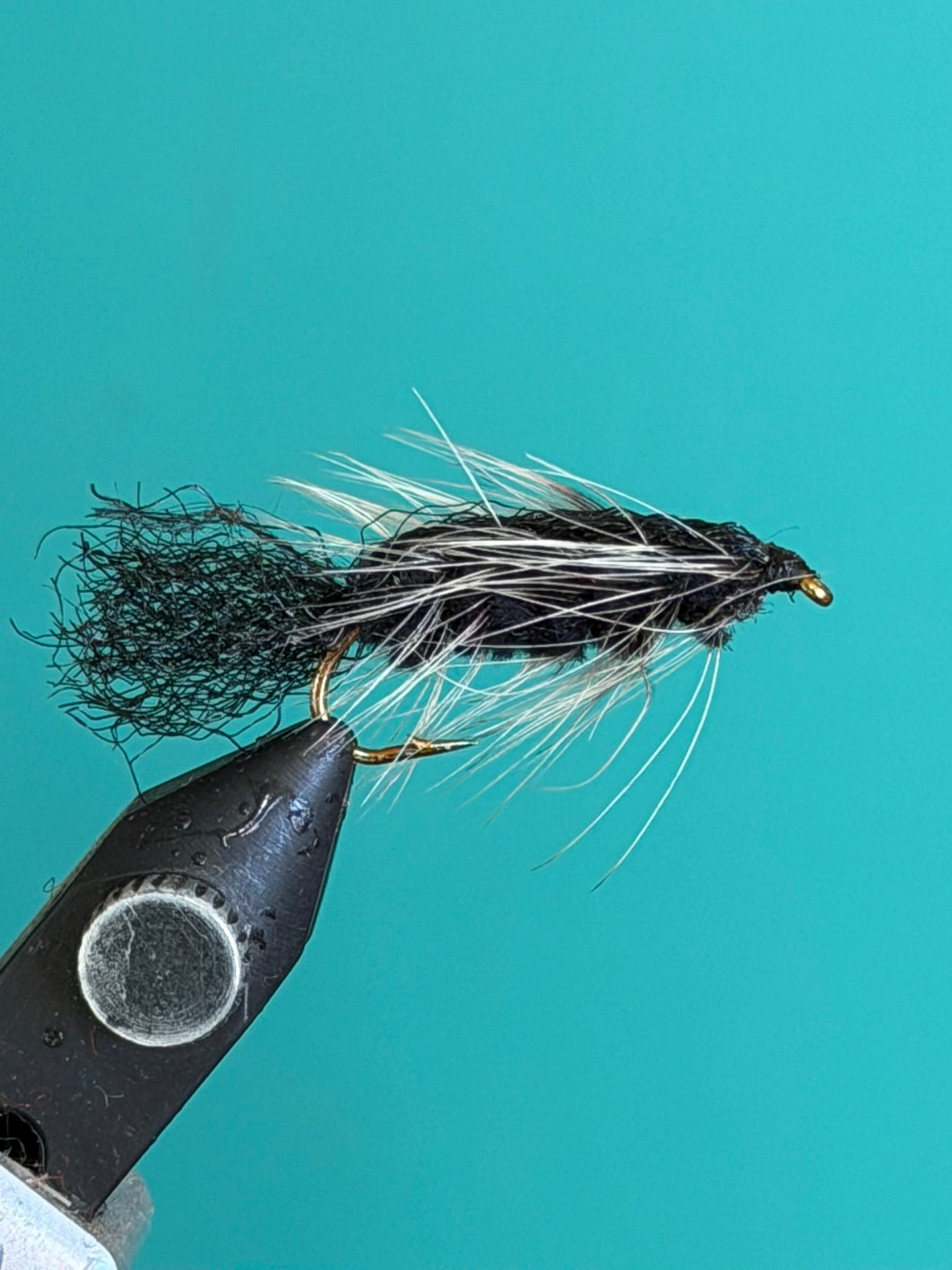 Black and white woolly fishing fly with long flowing hackle tail