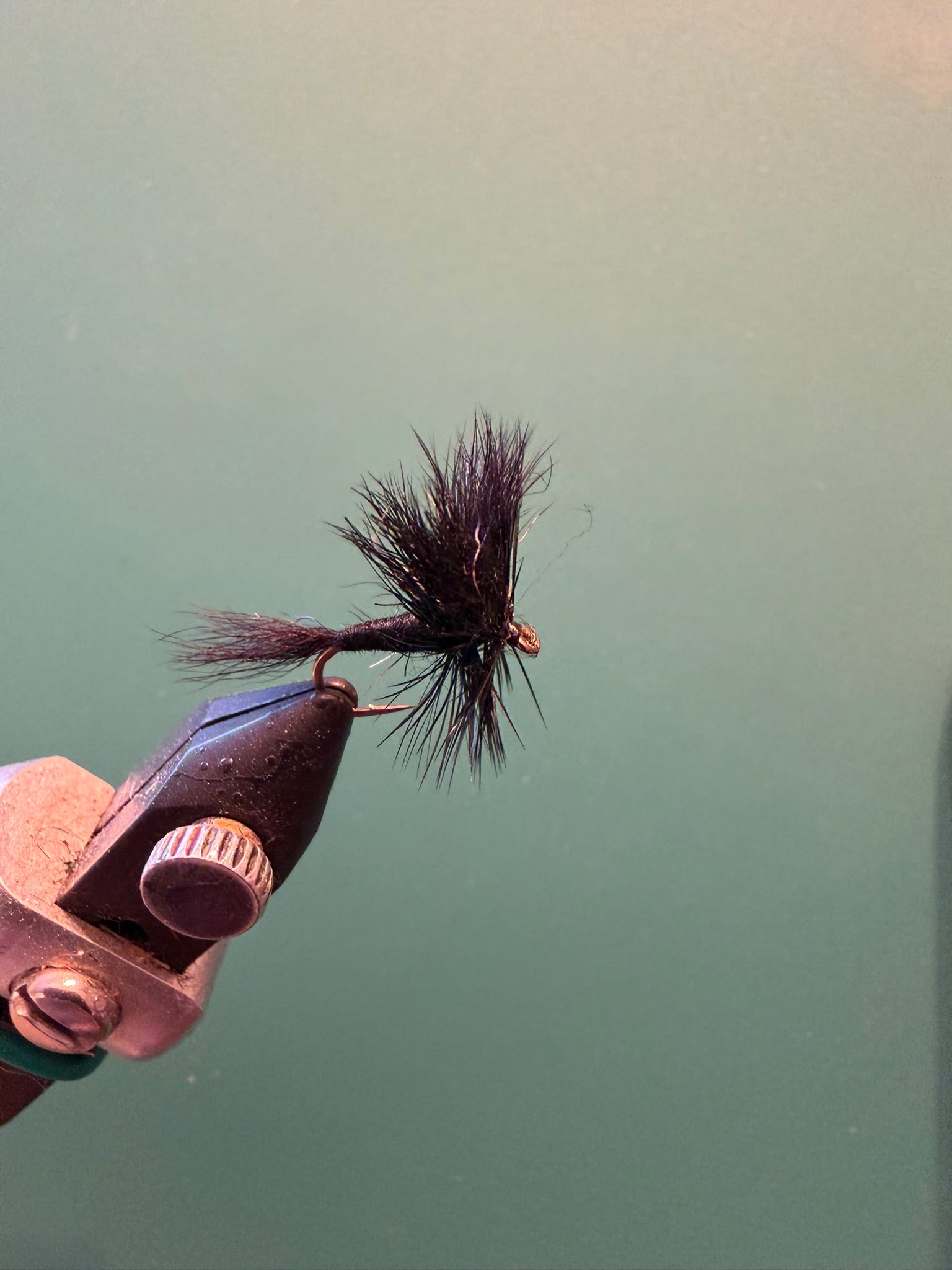 Wulff fly fishing lure with black fuzzy fibers and dark hook held in vise