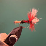Wulff fly fishing lure with red-pink fuzzy dubbing and brown hook