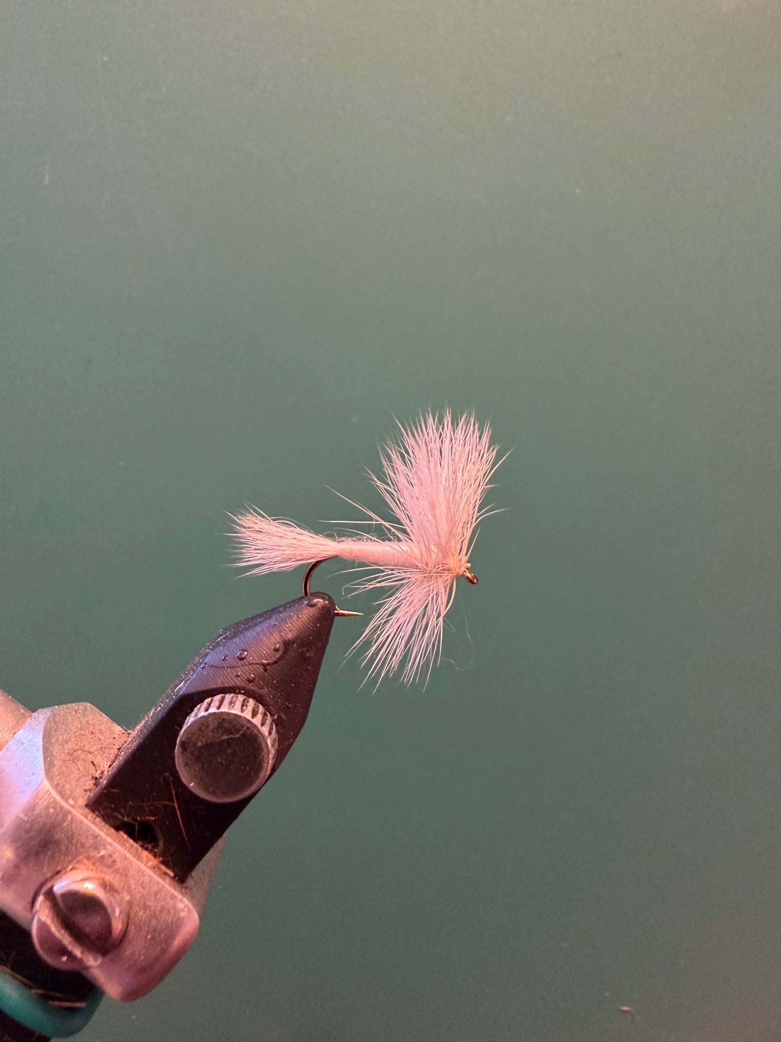 Wulff fly fishing lure with light pink fuzzy fibers and brown hook