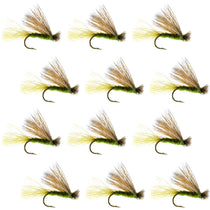 Set of emerging-style trout dry flies with olive-green bodies and tan hackle on hooks